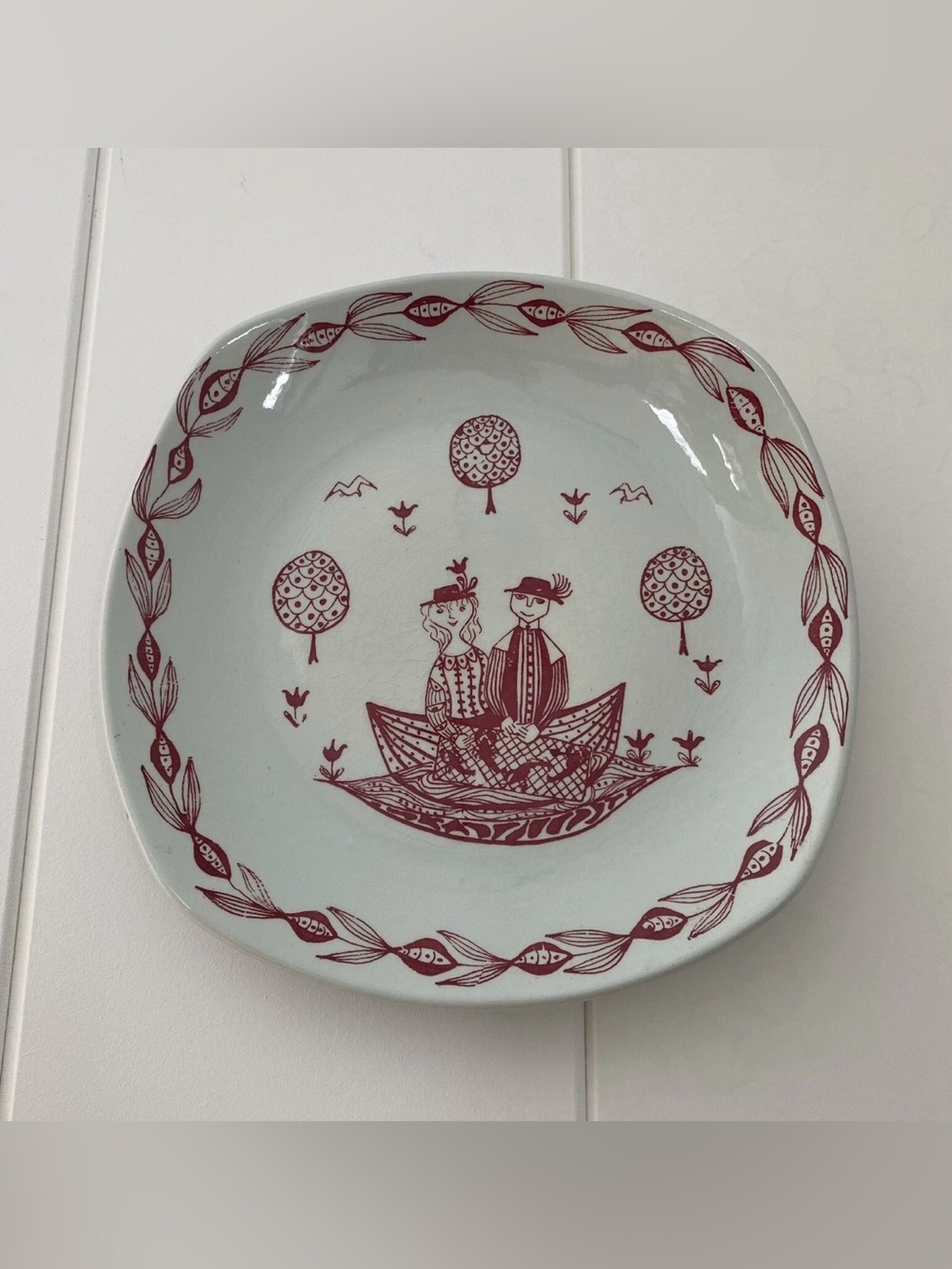 Vintage Stavangerflint Wall Plate Norway Folk Art Kari Nyquist Fishing Boat 8x8”